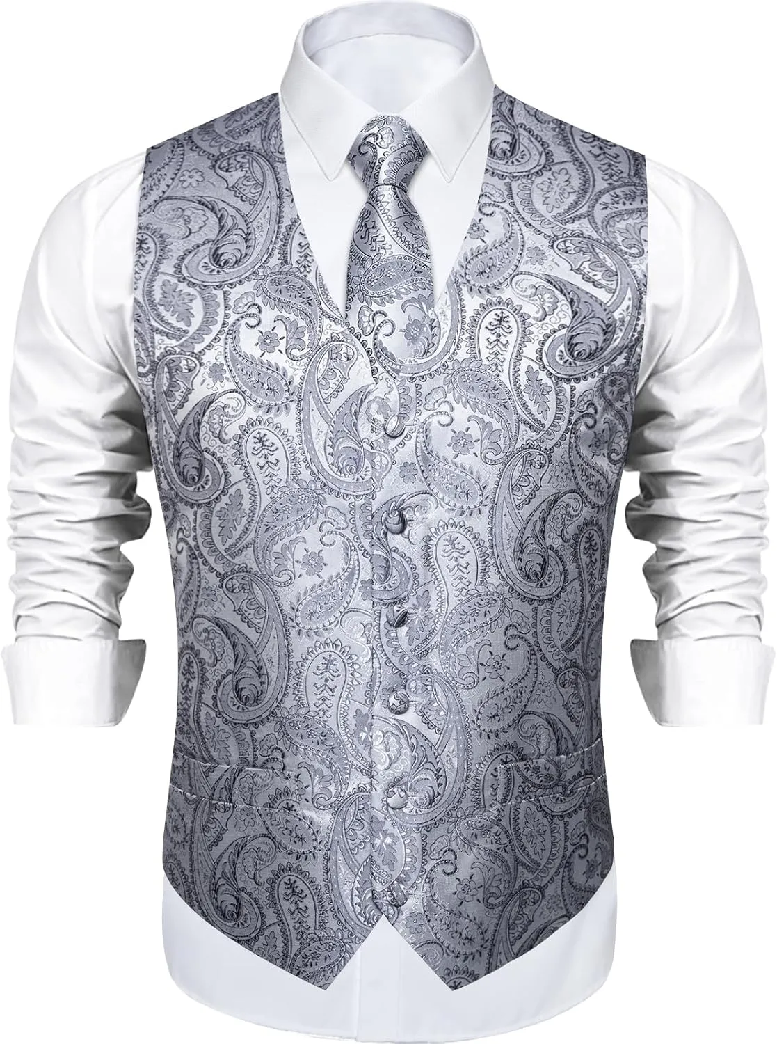 DiBanGu Mens Paisley Suit Waistcoat Silk Dress Vest and Necktie Pocket Square Cufflinks for Wedding Party