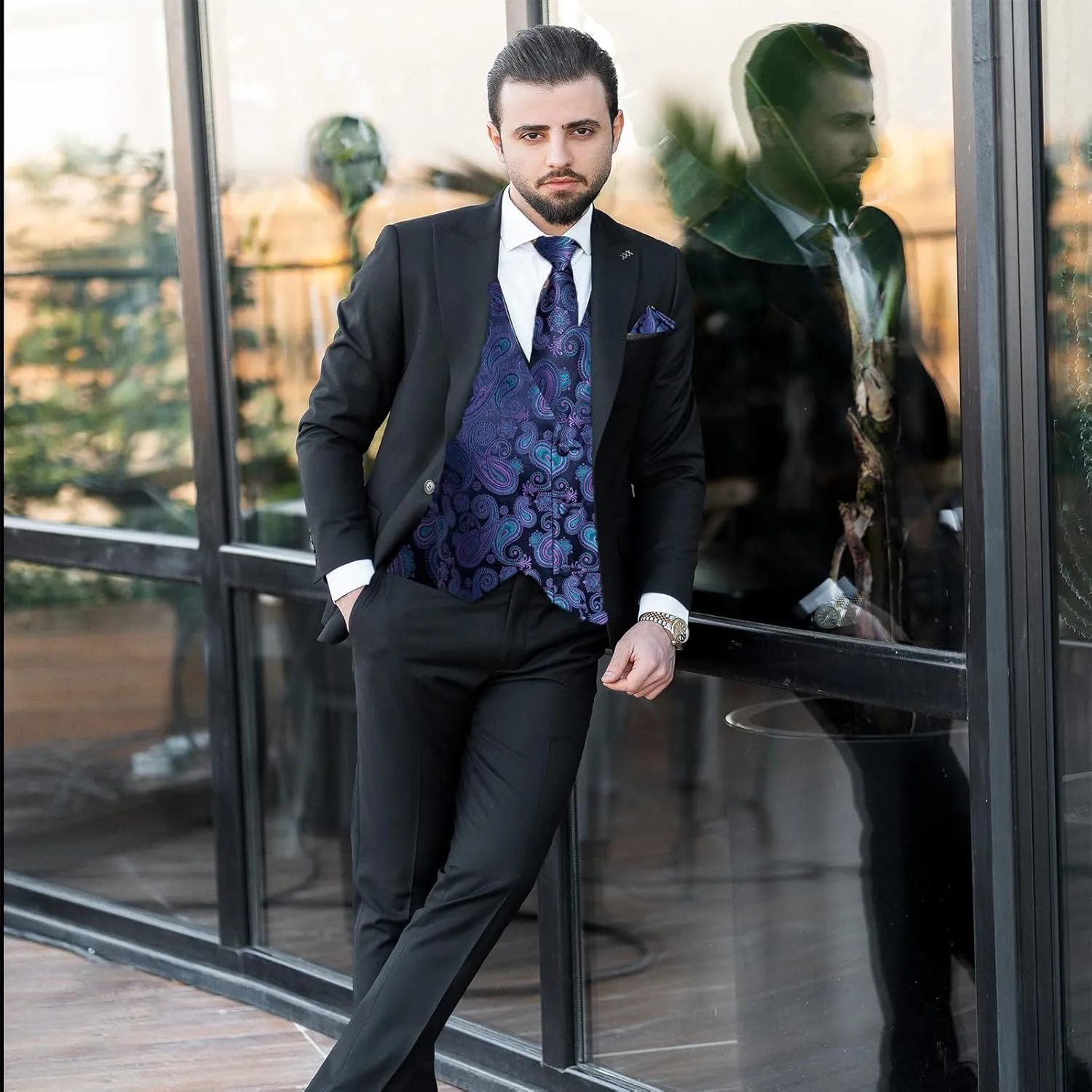 DiBanGu Mens Paisley Suit Waistcoat Silk Dress Vest and Necktie Pocket Square Cufflinks for Wedding Party