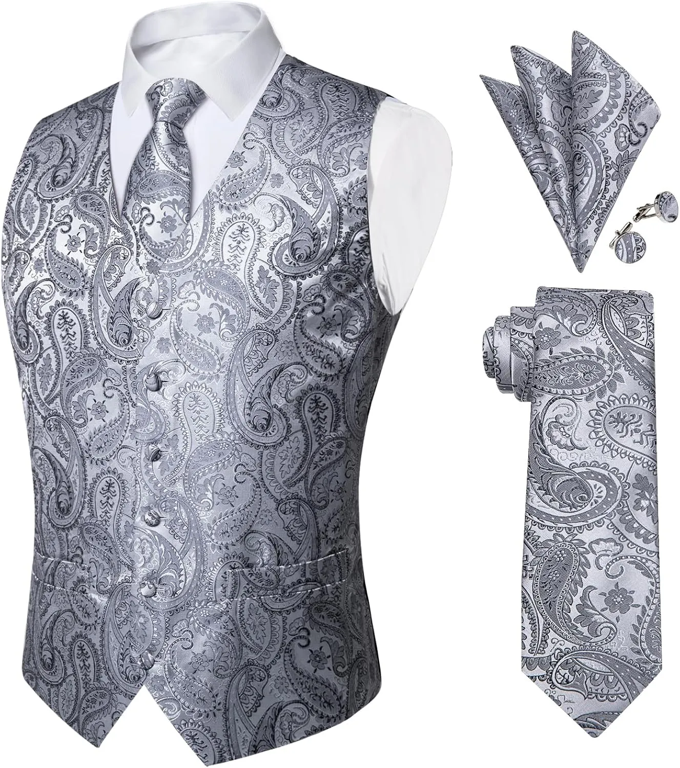 DiBanGu Mens Paisley Suit Waistcoat Silk Dress Vest and Necktie Pocket Square Cufflinks for Wedding Party