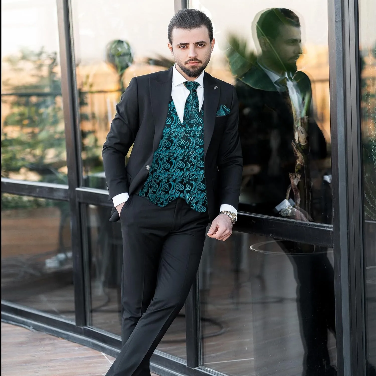 DiBanGu Mens Paisley Suit Waistcoat Silk Dress Vest and Necktie Pocket Square Cufflinks for Wedding Party