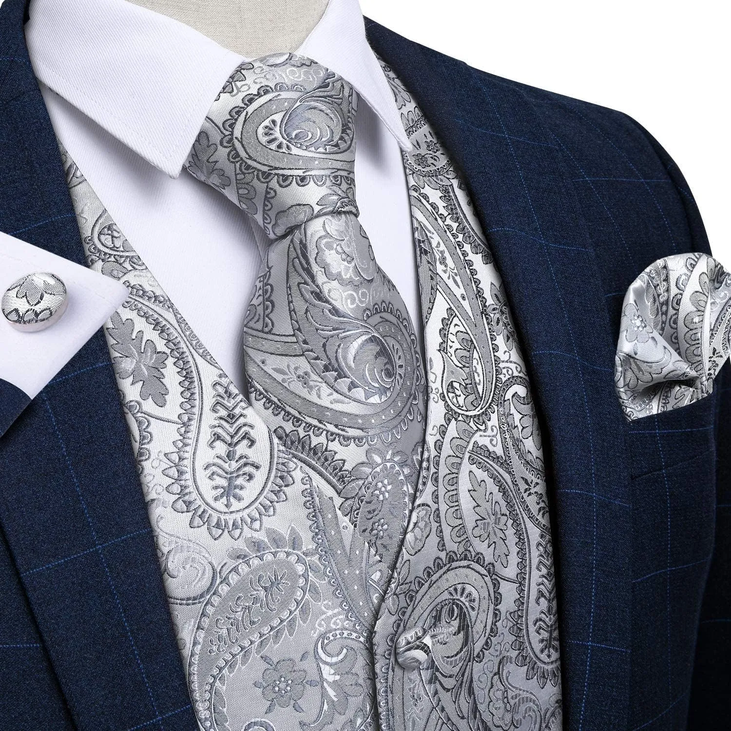 DiBanGu Mens Paisley Suit Waistcoat Silk Dress Vest and Necktie Pocket Square Cufflinks for Wedding Party