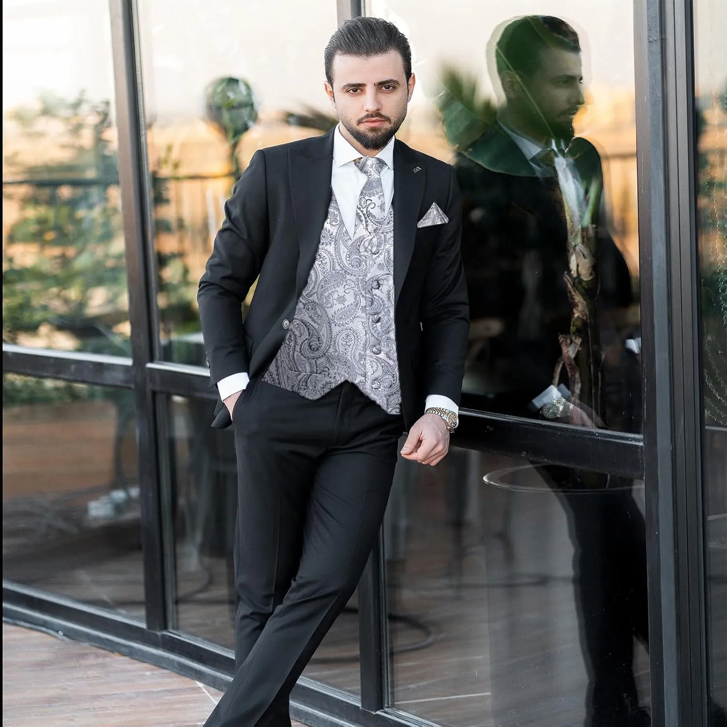 DiBanGu Mens Paisley Suit Waistcoat Silk Dress Vest and Necktie Pocket Square Cufflinks for Wedding Party