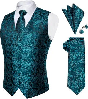 DiBanGu Mens Paisley Suit Waistcoat Silk Dress Vest and Necktie Pocket Square Cufflinks for Wedding Party