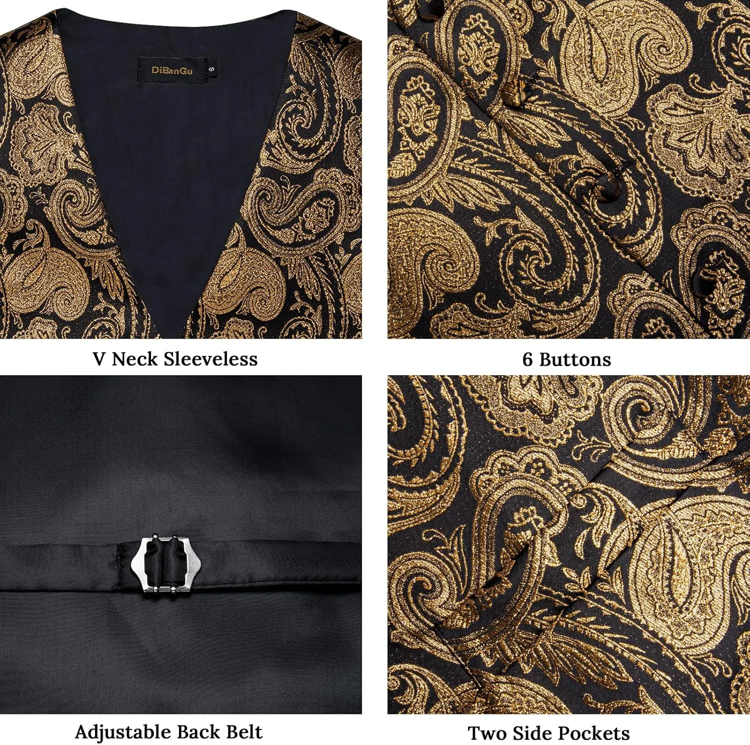 DiBanGu Mens Paisley Suit Waistcoat Silk Dress Vest and Necktie Pocket Square Cufflinks for Wedding Party