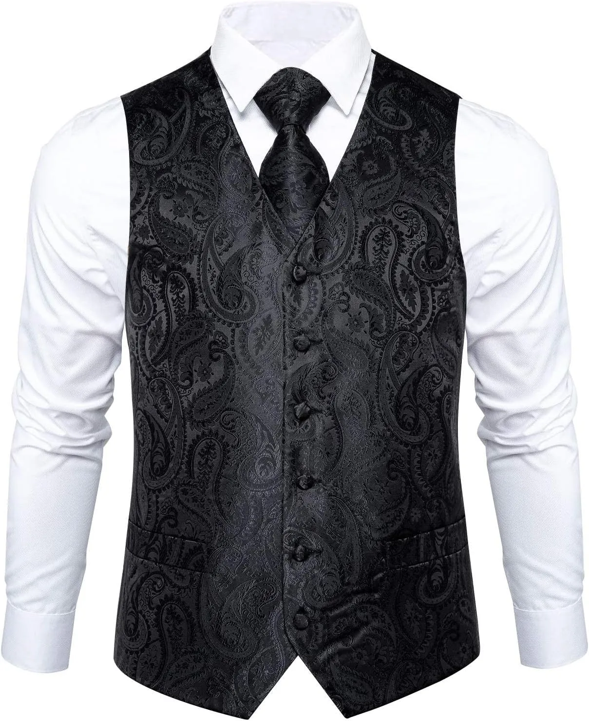 DiBanGu Mens Paisley Suit Waistcoat Silk Dress Vest and Necktie Pocket Square Cufflinks for Wedding Party