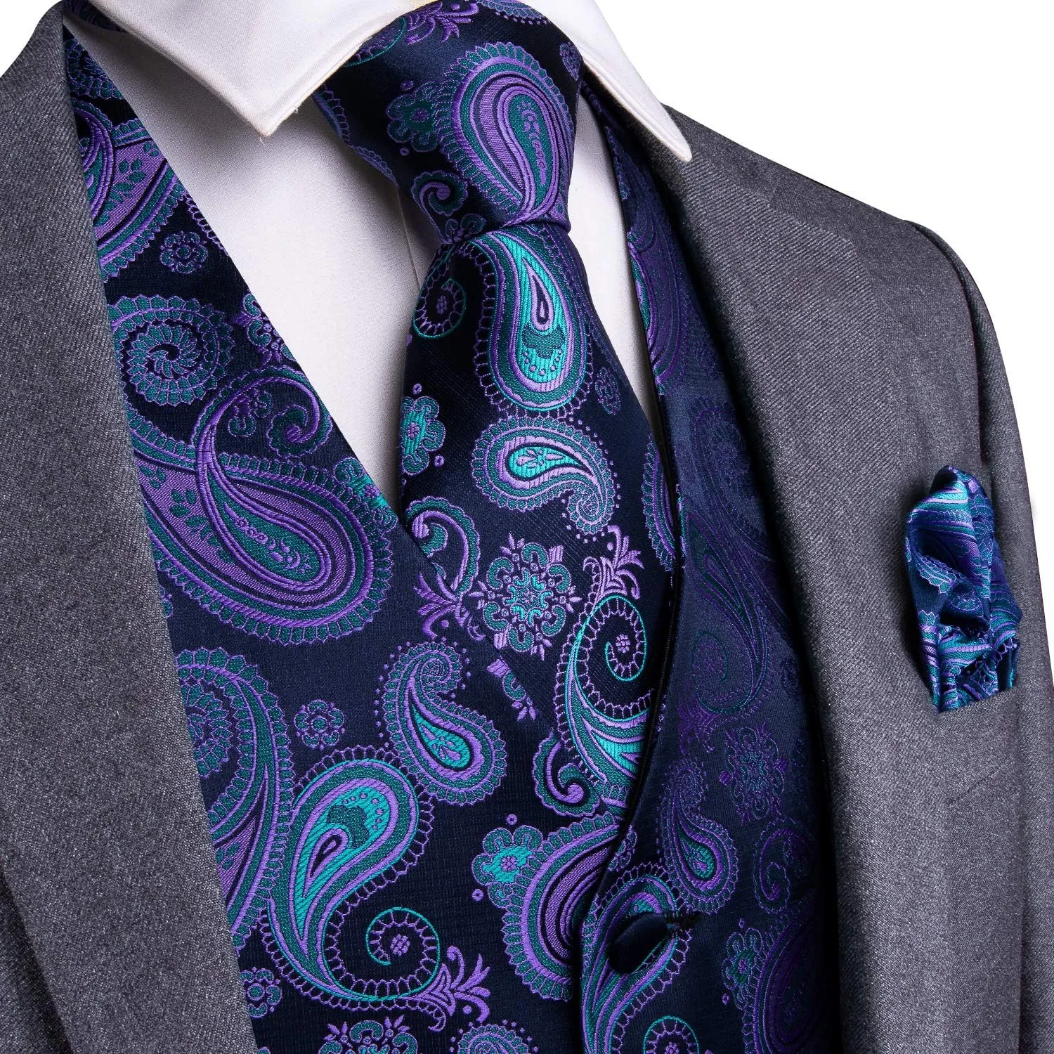 DiBanGu Mens Paisley Suit Waistcoat Silk Dress Vest and Necktie Pocket Square Cufflinks for Wedding Party