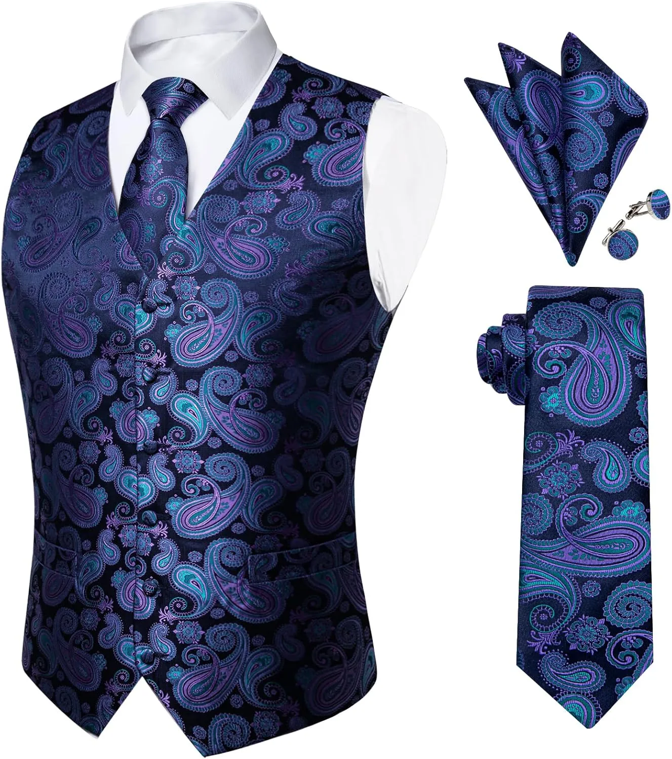 DiBanGu Mens Paisley Suit Waistcoat Silk Dress Vest and Necktie Pocket Square Cufflinks for Wedding Party