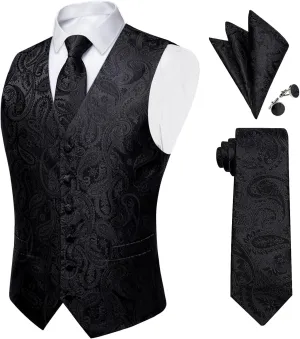 DiBanGu Mens Paisley Suit Waistcoat Silk Dress Vest and Necktie Pocket Square Cufflinks for Wedding Party