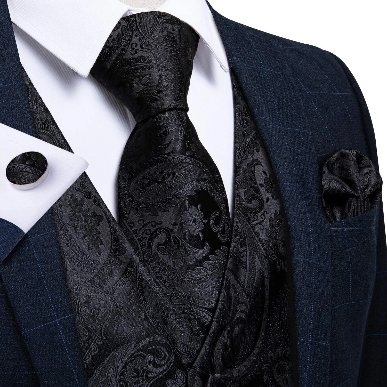 DiBanGu Mens Paisley Suit Waistcoat Silk Dress Vest and Necktie Pocket Square Cufflinks for Wedding Party