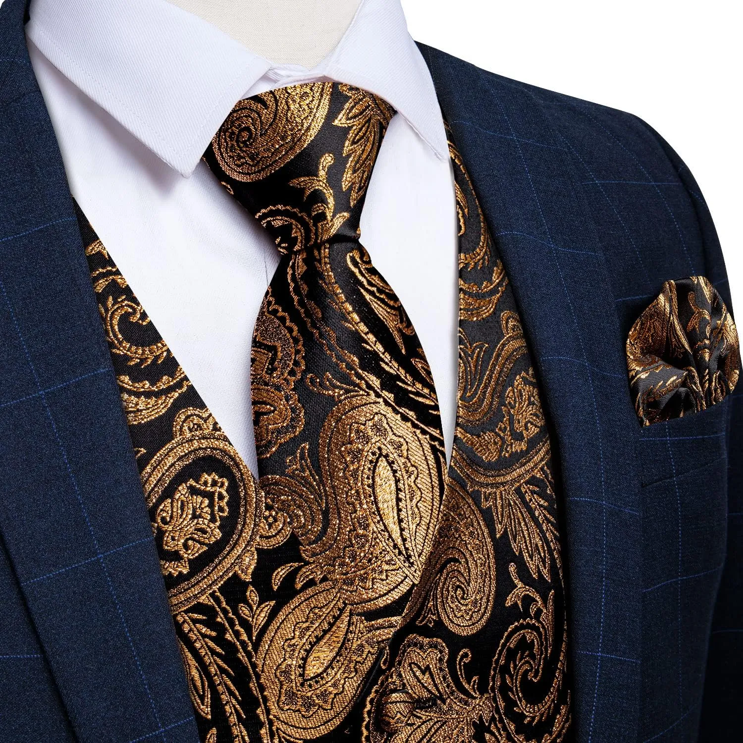 DiBanGu Mens Paisley Suit Waistcoat Silk Dress Vest and Necktie Pocket Square Cufflinks for Wedding Party