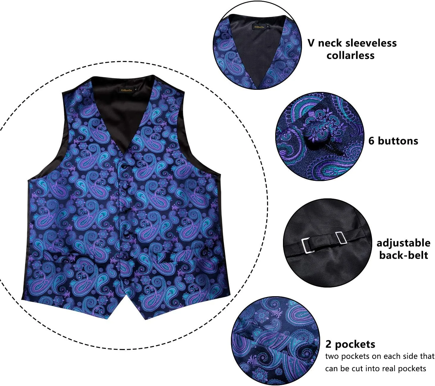 DiBanGu Mens Paisley Suit Waistcoat Silk Dress Vest and Necktie Pocket Square Cufflinks for Wedding Party