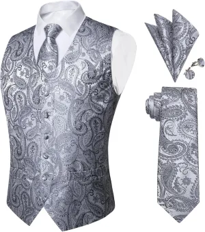 DiBanGu Mens Paisley Suit Waistcoat Silk Dress Vest and Necktie Pocket Square Cufflinks for Wedding Party