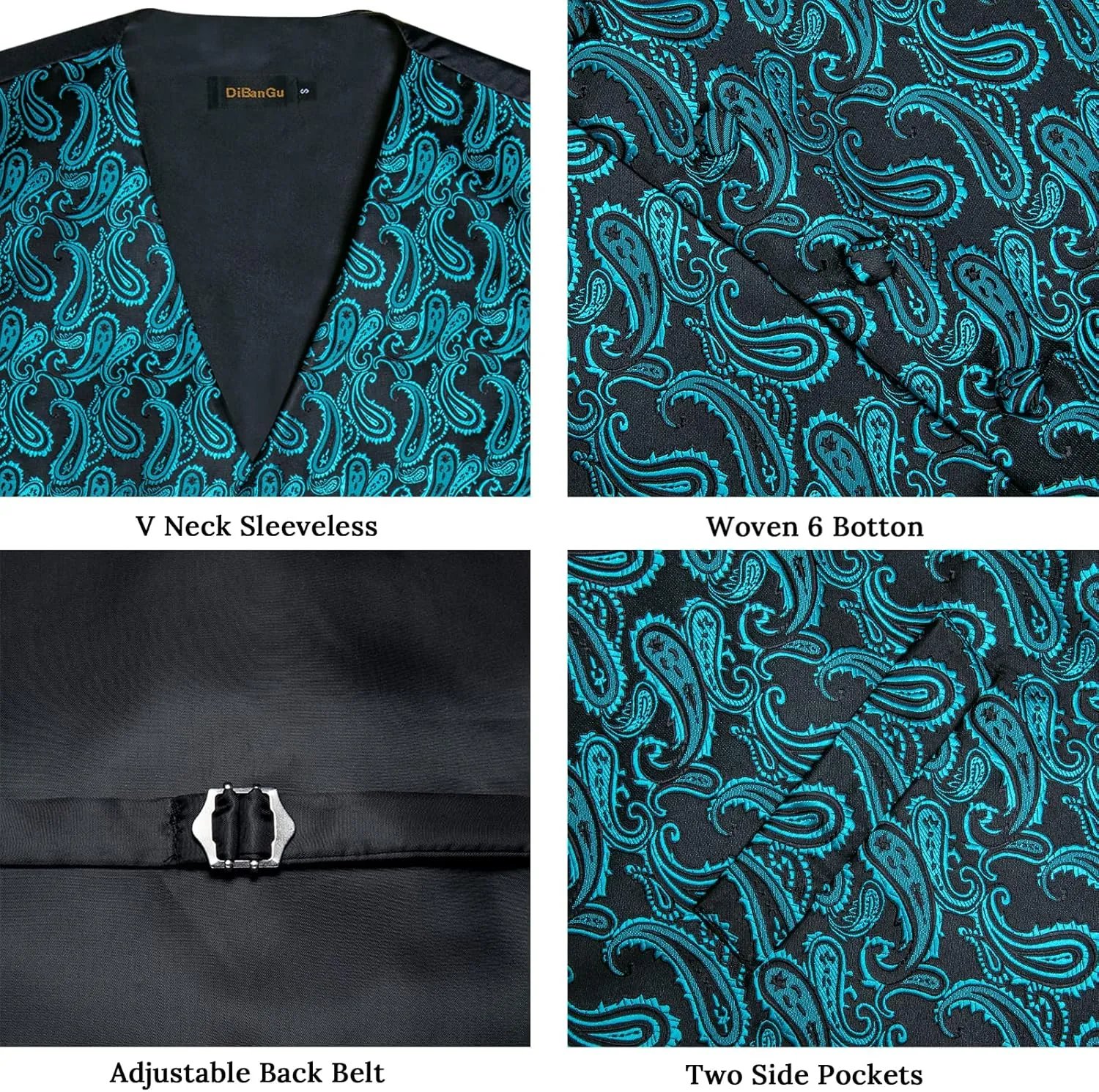 DiBanGu Mens Paisley Suit Waistcoat Silk Dress Vest and Necktie Pocket Square Cufflinks for Wedding Party
