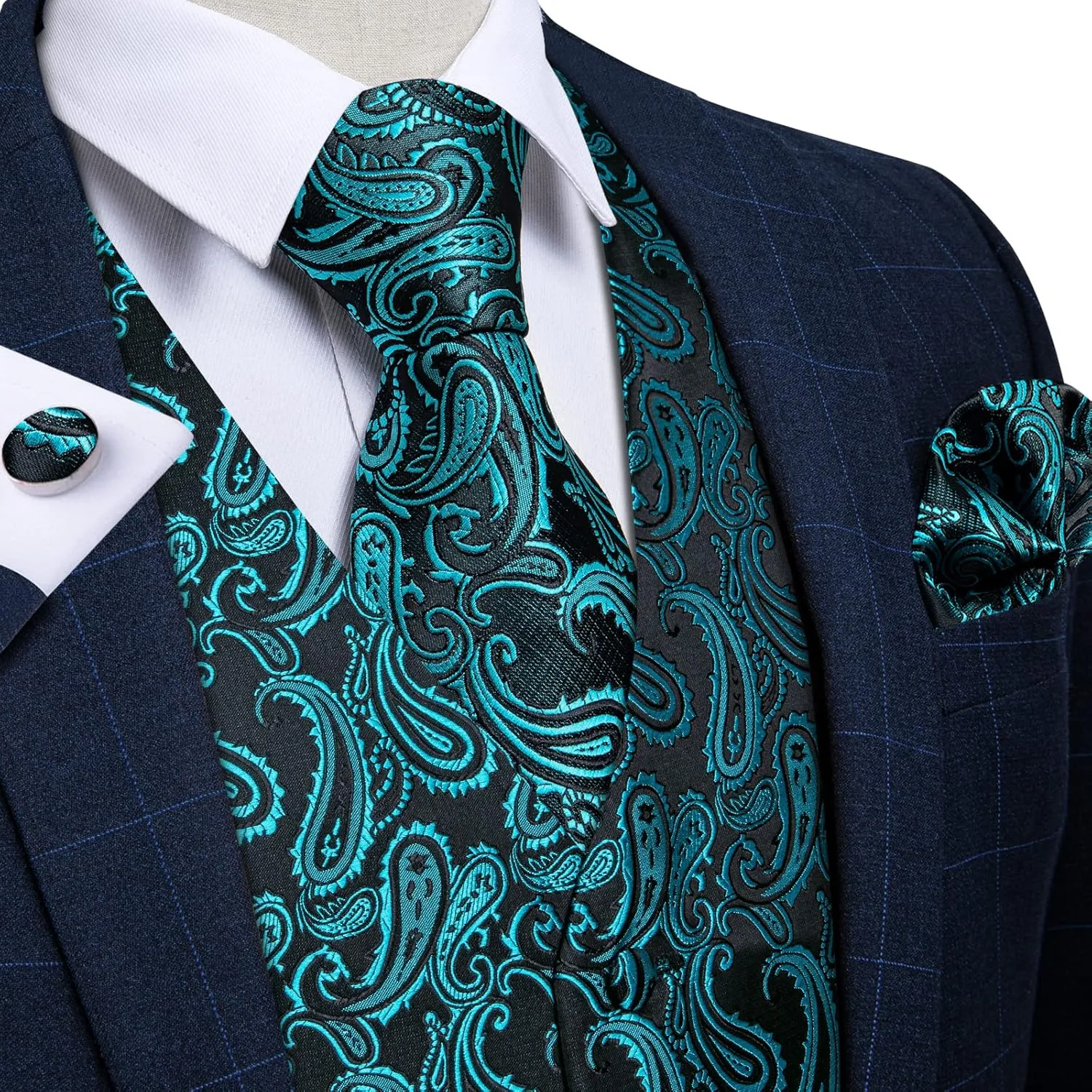 DiBanGu Mens Paisley Suit Waistcoat Silk Dress Vest and Necktie Pocket Square Cufflinks for Wedding Party