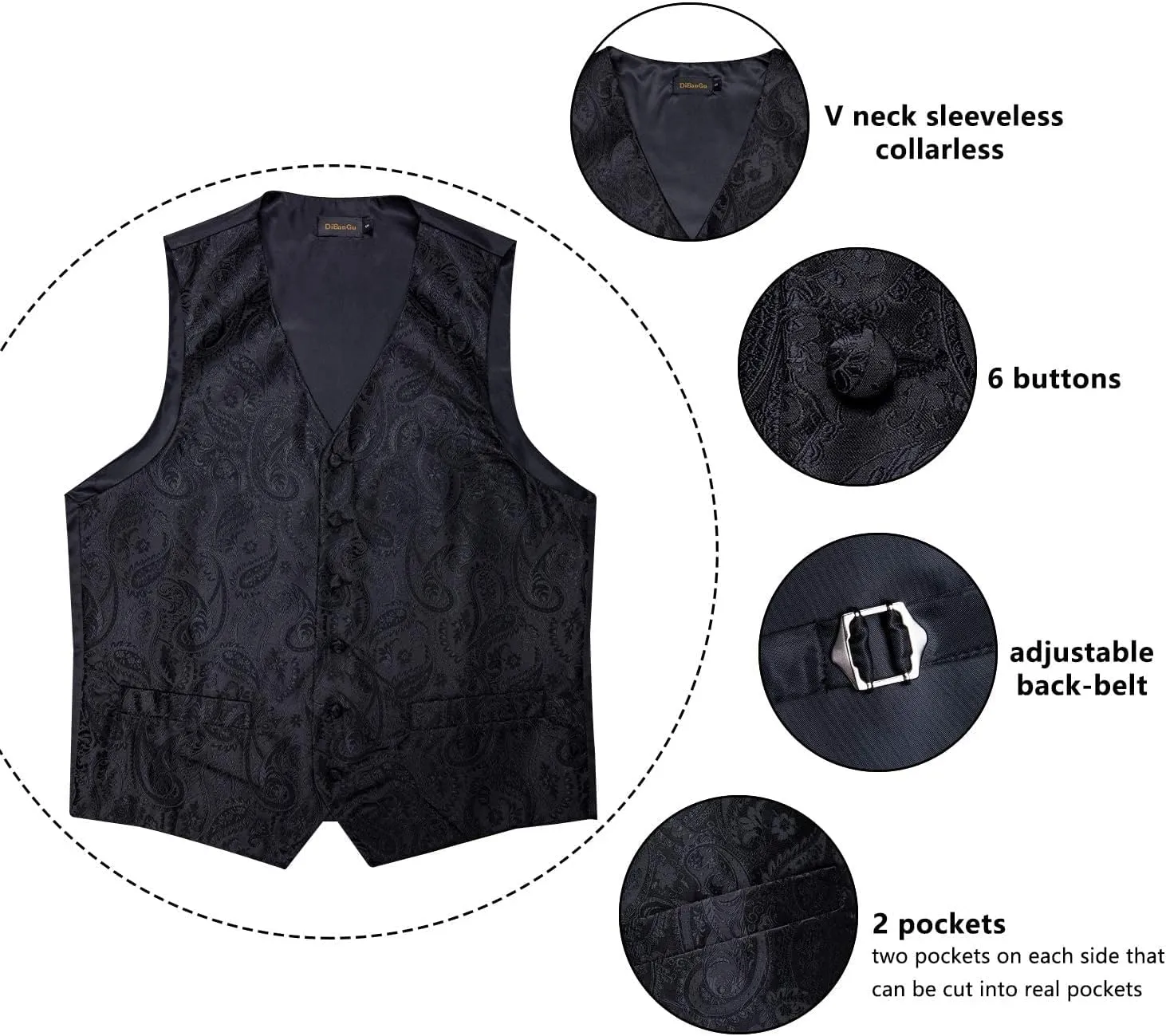 DiBanGu Mens Paisley Suit Waistcoat Silk Dress Vest and Necktie Pocket Square Cufflinks for Wedding Party