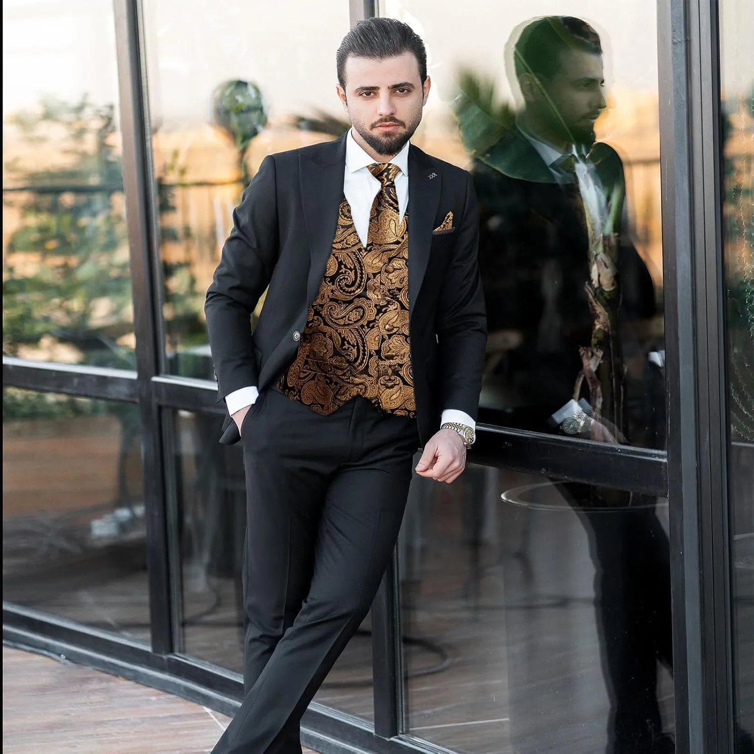 DiBanGu Mens Paisley Suit Waistcoat Silk Dress Vest and Necktie Pocket Square Cufflinks for Wedding Party