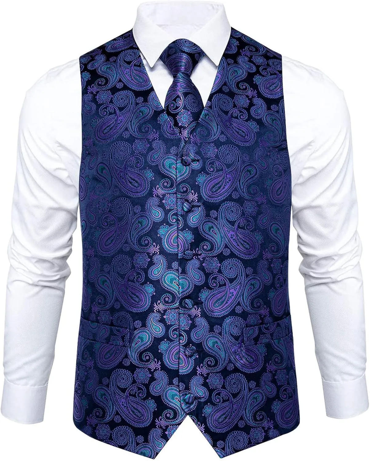 DiBanGu Mens Paisley Suit Waistcoat Silk Dress Vest and Necktie Pocket Square Cufflinks for Wedding Party
