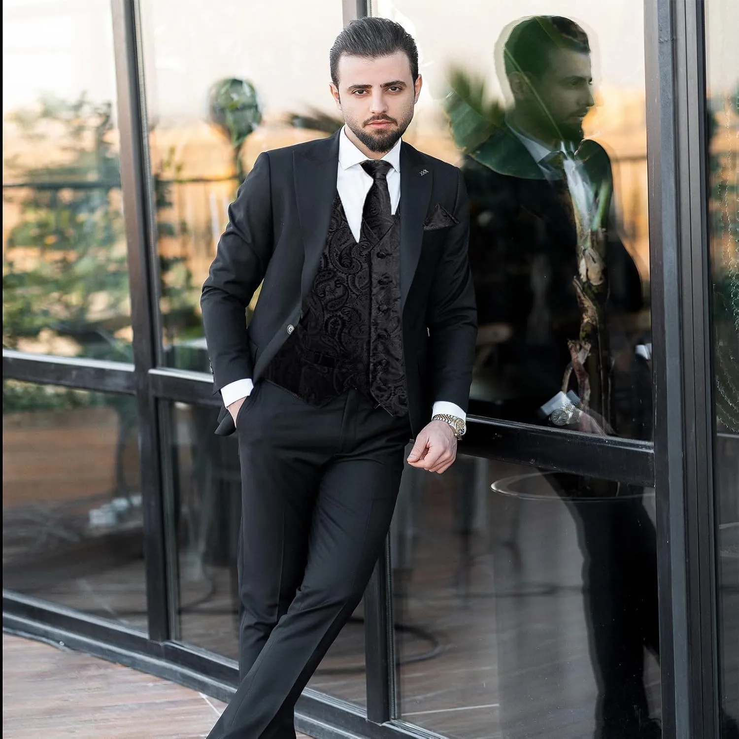 DiBanGu Mens Paisley Suit Waistcoat Silk Dress Vest and Necktie Pocket Square Cufflinks for Wedding Party