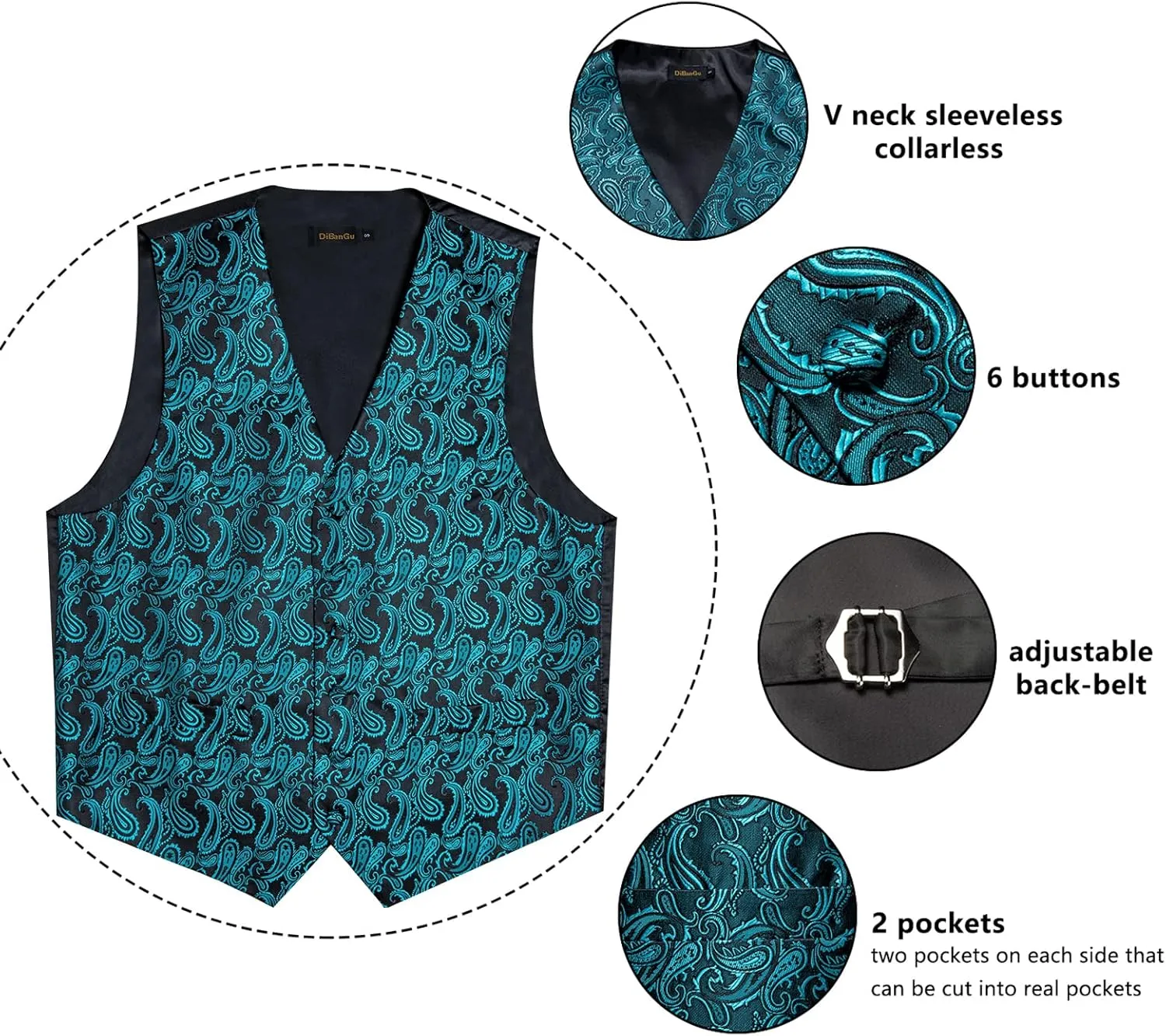 DiBanGu Mens Paisley Suit Waistcoat Silk Dress Vest and Necktie Pocket Square Cufflinks for Wedding Party