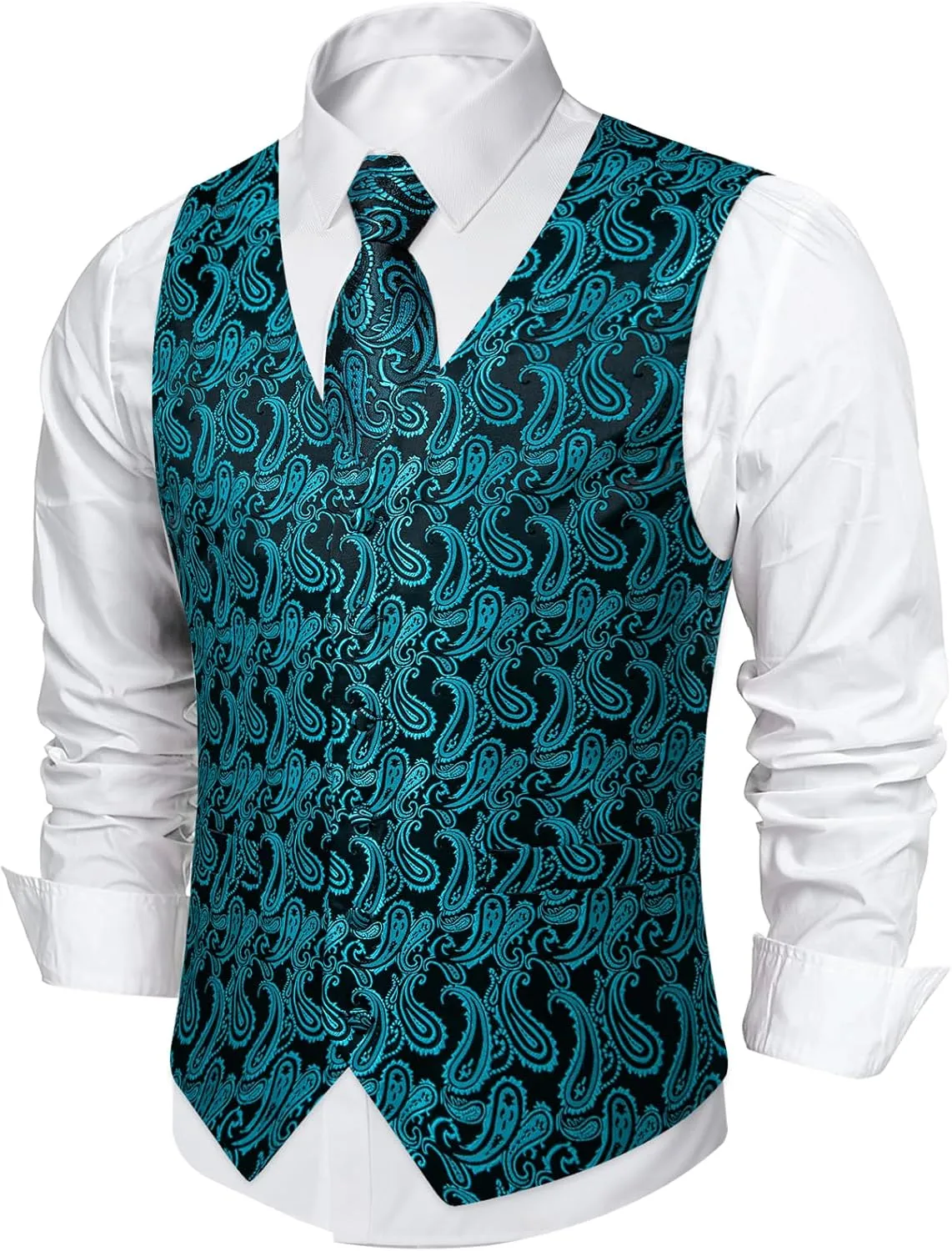DiBanGu Mens Paisley Suit Waistcoat Silk Dress Vest and Necktie Pocket Square Cufflinks for Wedding Party