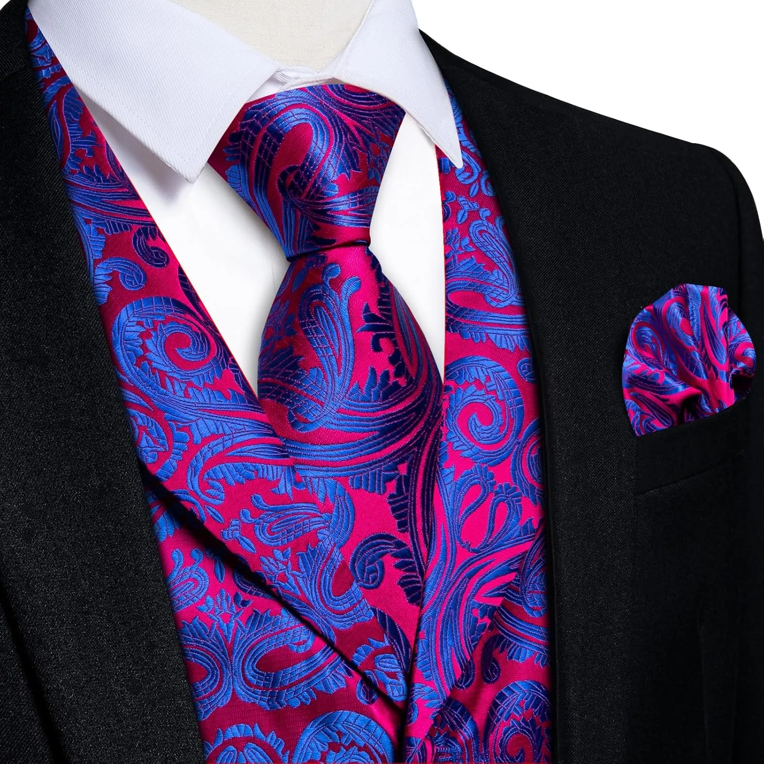 DiBanGu Men's Vest and Tie Set Silk Paisley Suit Vest and Necktie Pocket Square Cufflinks with Tie Clip for Wedding Party
