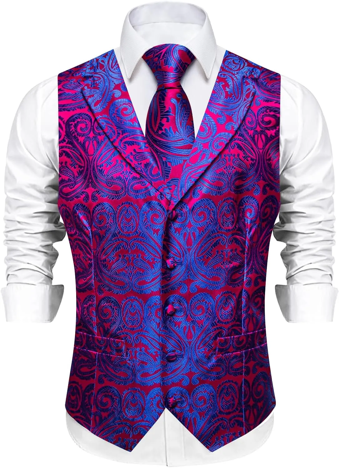DiBanGu Men's Vest and Tie Set Silk Paisley Suit Vest and Necktie Pocket Square Cufflinks with Tie Clip for Wedding Party