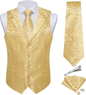 DiBanGu Men's Vest and Tie Set Silk Paisley Suit Vest and Necktie Pocket Square Cufflinks with Tie Clip for Wedding Party