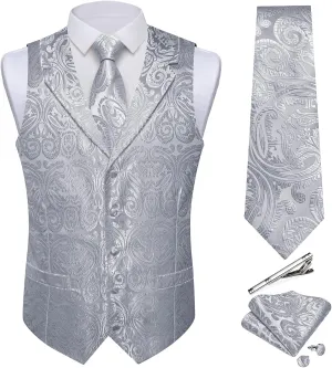 DiBanGu Men's Vest and Tie Set Silk Paisley Suit Vest and Necktie Pocket Square Cufflinks with Tie Clip for Wedding Party