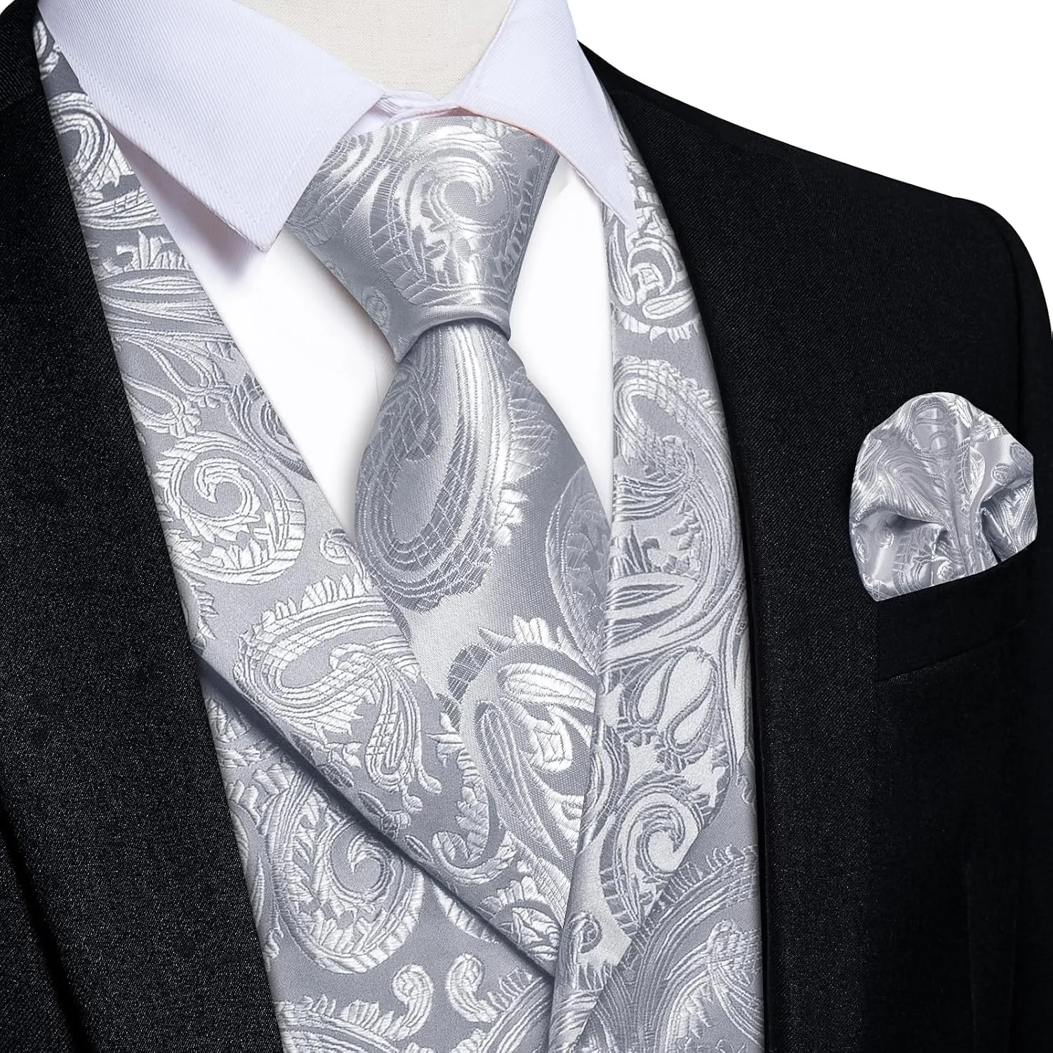 DiBanGu Men's Vest and Tie Set Silk Paisley Suit Vest and Necktie Pocket Square Cufflinks with Tie Clip for Wedding Party