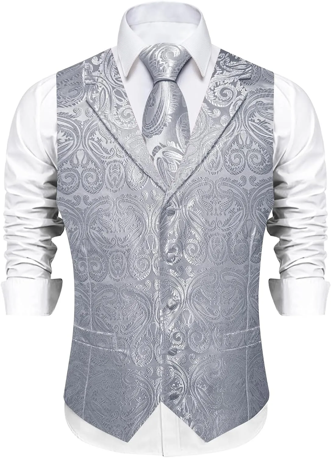 DiBanGu Men's Vest and Tie Set Silk Paisley Suit Vest and Necktie Pocket Square Cufflinks with Tie Clip for Wedding Party