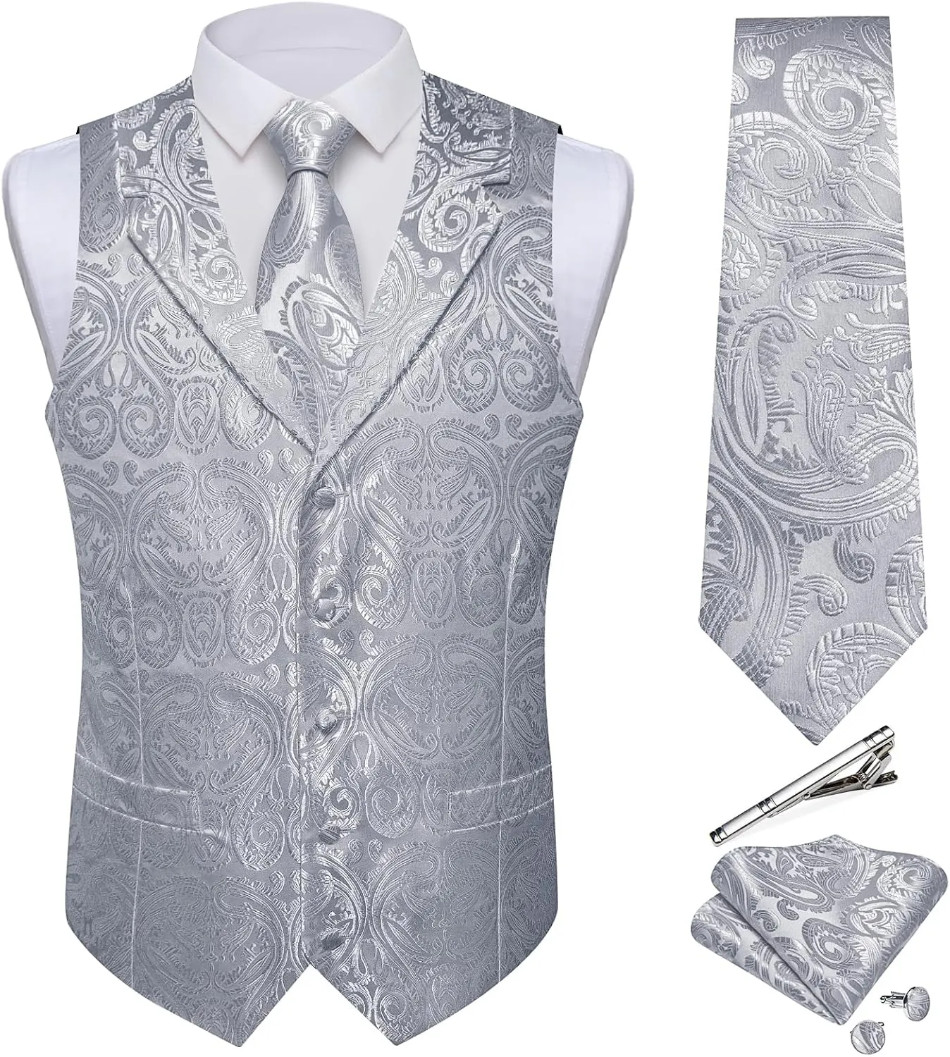 DiBanGu Men's Vest and Tie Set Silk Paisley Suit Vest and Necktie Pocket Square Cufflinks with Tie Clip for Wedding Party