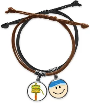 DIYthinker Culture Religion Prayer Wheel Sanskrit Bracelet Rope Hand Chain Leather Smiling Face Wristband