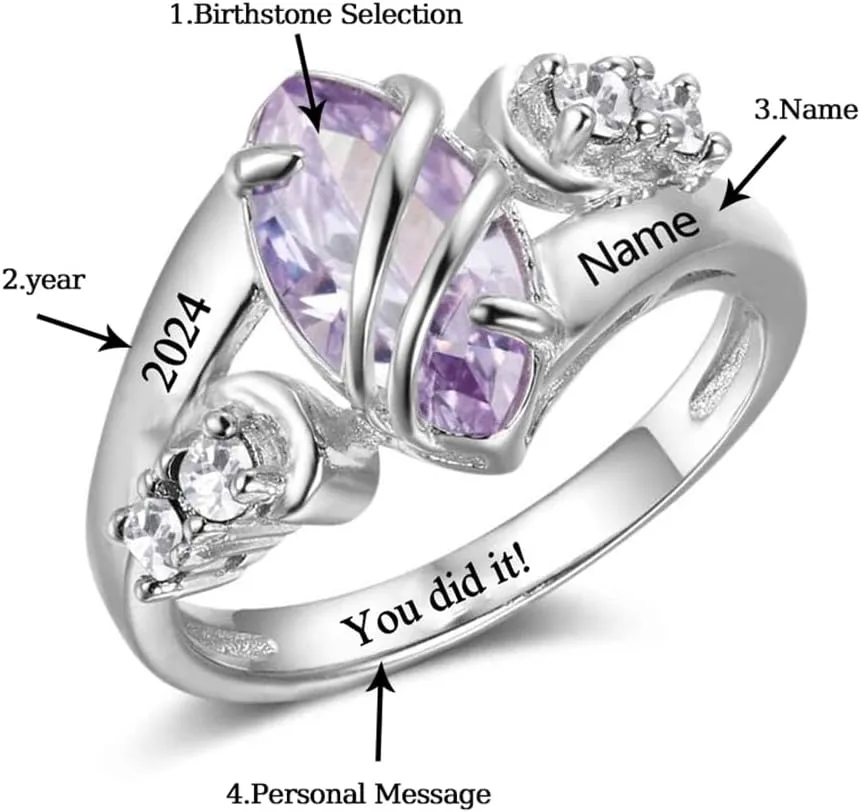 Dorunmo Custom Class Rings High School Graduation Rings 925 Sterling Silver/10K/14K/18K Gold Class of 2025 Ring Graduation Anniversary Birthday Jewelry for Women