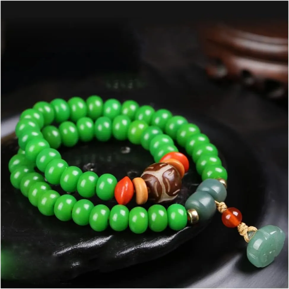 Double Circle Green Bodhi Beaded Bracelet 54 Prayer Buddha Beads Rosary for Men Women Meditation