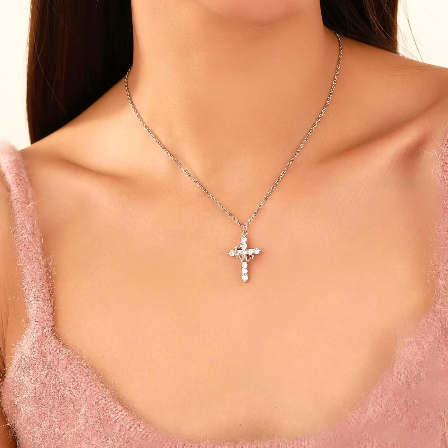 Double Cross Necklace for Women 18K Gold Plated Crown Cross Pendant Necklace Simple Diamond Cross Charm Link Chain Choker Delicate Faith Jewelry Religious Gifts for Women