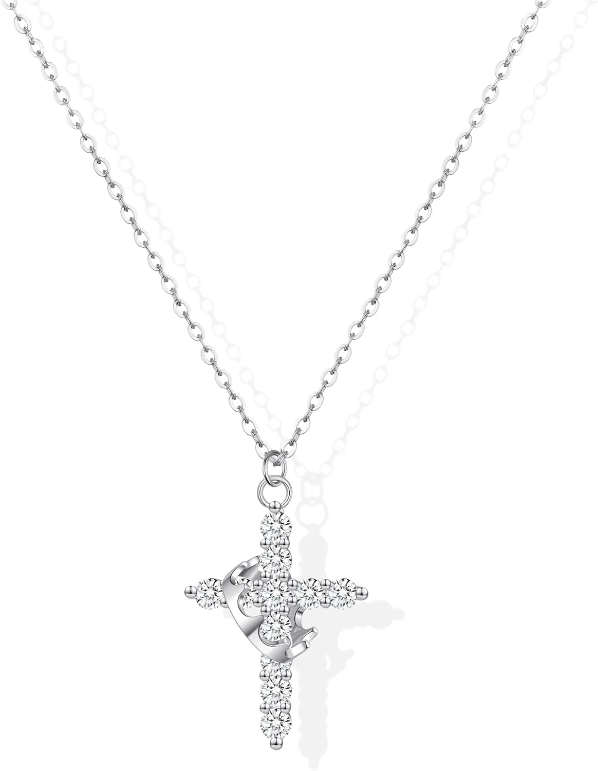 Double Cross Necklace for Women 18K Gold Plated Crown Cross Pendant Necklace Simple Diamond Cross Charm Link Chain Choker Delicate Faith Jewelry Religious Gifts for Women