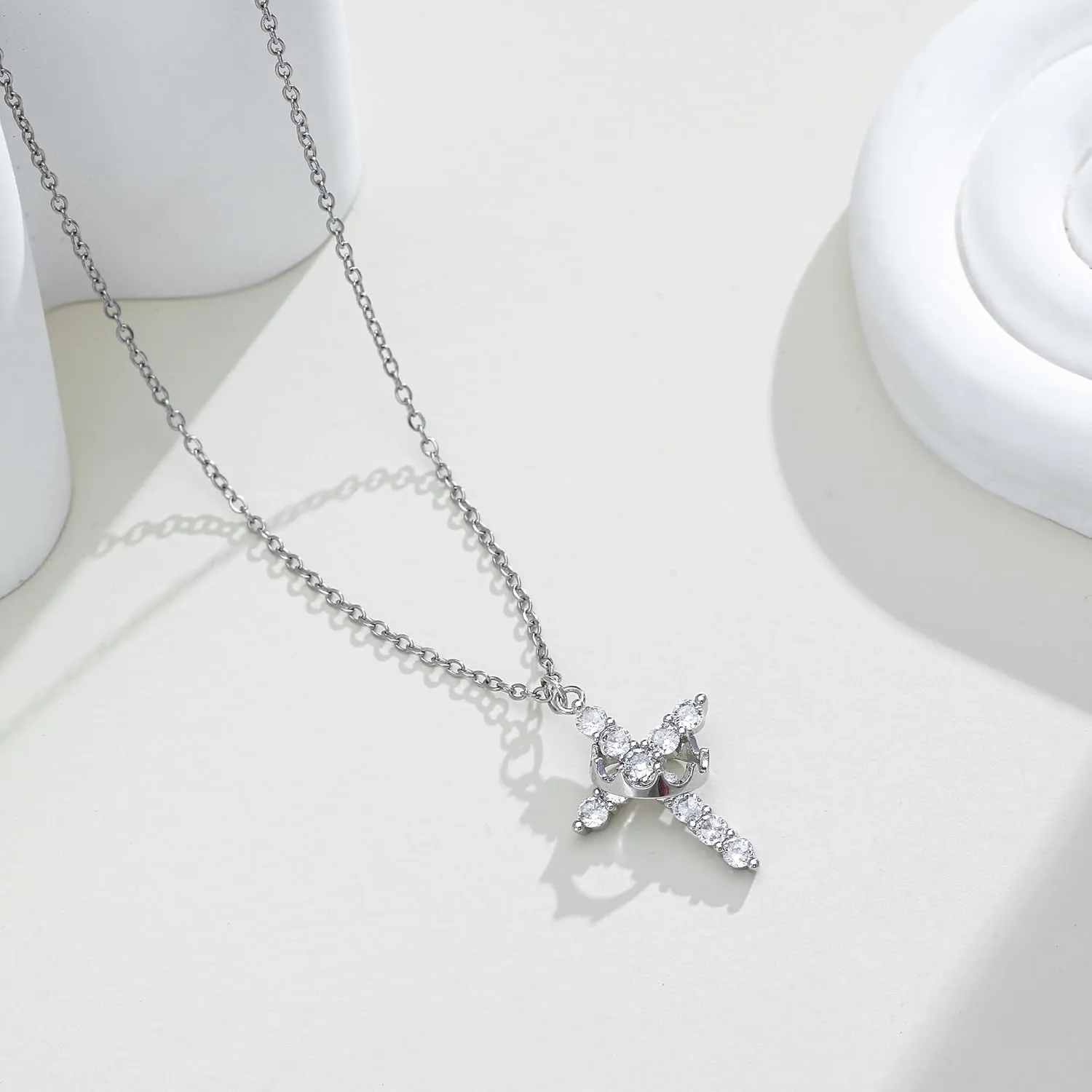 Double Cross Necklace for Women 18K Gold Plated Crown Cross Pendant Necklace Simple Diamond Cross Charm Link Chain Choker Delicate Faith Jewelry Religious Gifts for Women