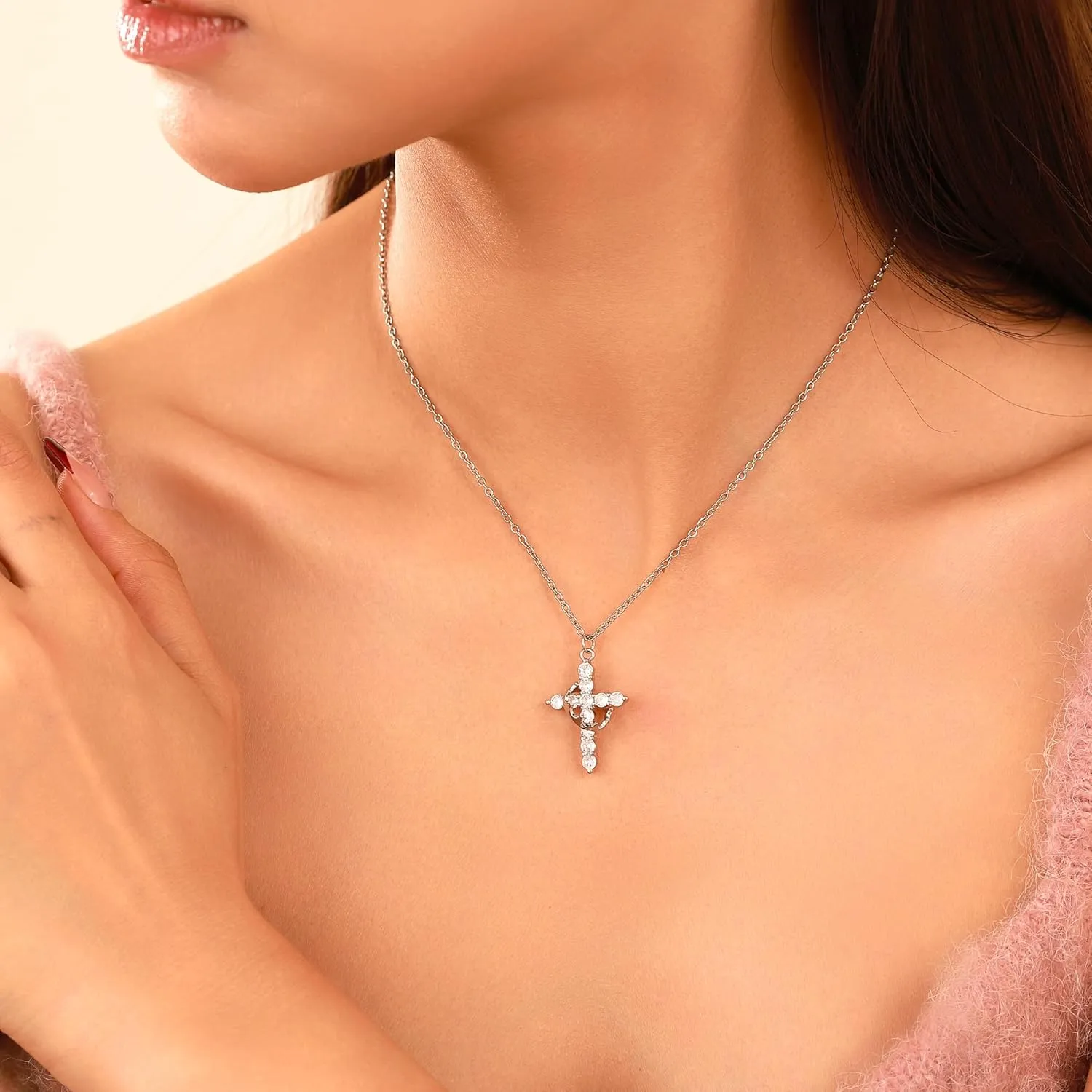 Double Cross Necklace for Women 18K Gold Plated Crown Cross Pendant Necklace Simple Diamond Cross Charm Link Chain Choker Delicate Faith Jewelry Religious Gifts for Women