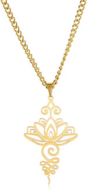 Dreamtimes Lotus Flower Pendant Necklace for Women Yoga Healing Charms Unalome Symbol Amulet Stainless Steel Jewelry Lotus Flower Necklace Buddha Yoga Necklace