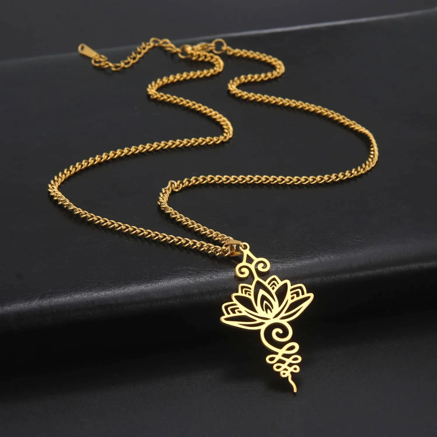 Dreamtimes Lotus Flower Pendant Necklace for Women Yoga Healing Charms Unalome Symbol Amulet Stainless Steel Jewelry Lotus Flower Necklace Buddha Yoga Necklace