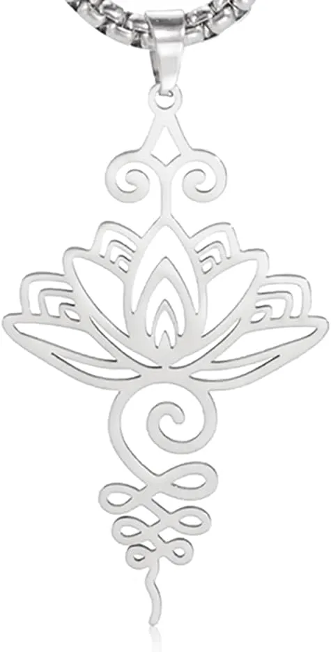 Dreamtimes Lotus Flower Pendant Necklace for Women Yoga Healing Charms Unalome Symbol Amulet Stainless Steel Jewelry Lotus Flower Necklace Buddha Yoga Necklace