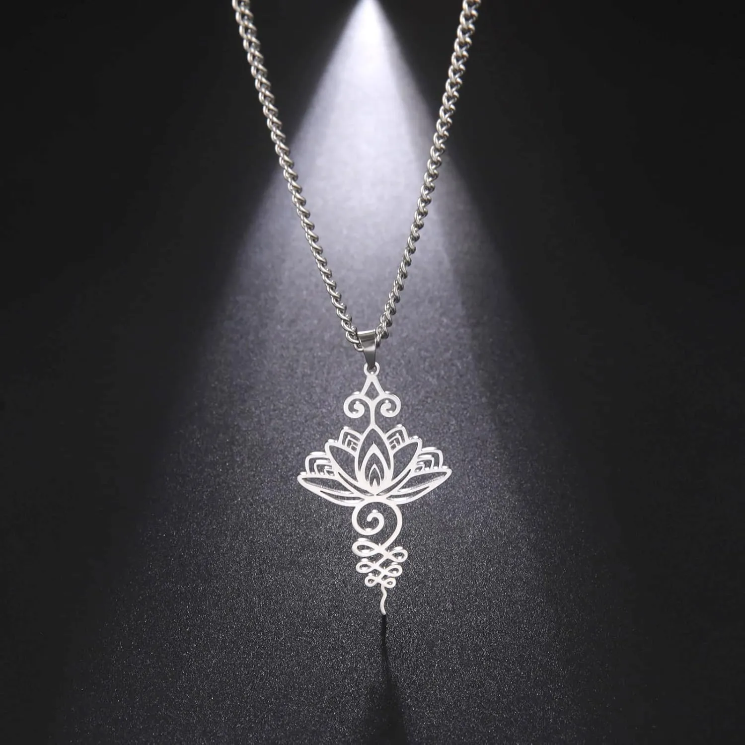 Dreamtimes Lotus Flower Pendant Necklace for Women Yoga Healing Charms Unalome Symbol Amulet Stainless Steel Jewelry Lotus Flower Necklace Buddha Yoga Necklace