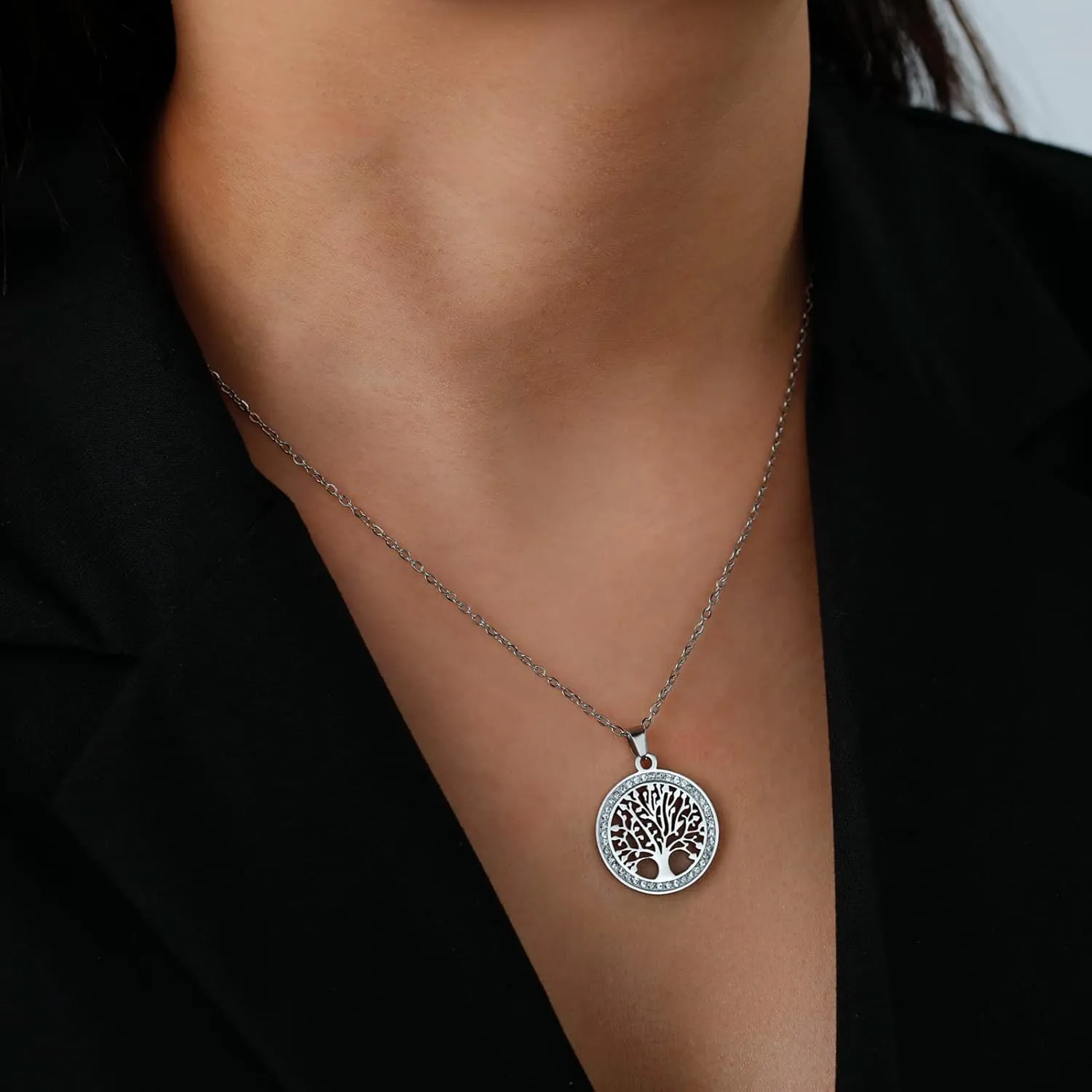Dreamtimes Tree of Life Necklace for Women Stainless Steel Gold Color Clear Zircon Round Pendant Neck Chains Family Tree Fashion Charm Luxury Jewelry Wedding Gift