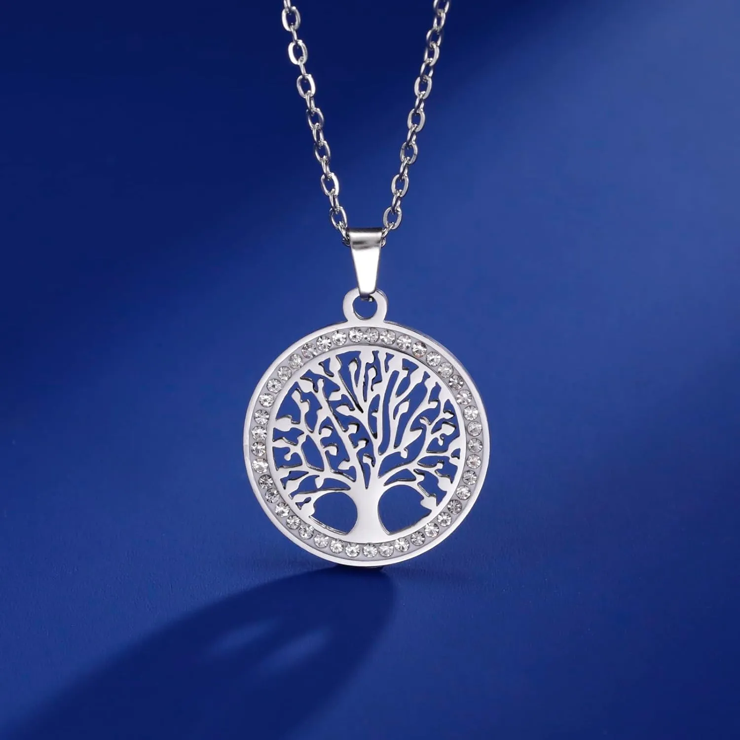 Dreamtimes Tree of Life Necklace for Women Stainless Steel Gold Color Clear Zircon Round Pendant Neck Chains Family Tree Fashion Charm Luxury Jewelry Wedding Gift