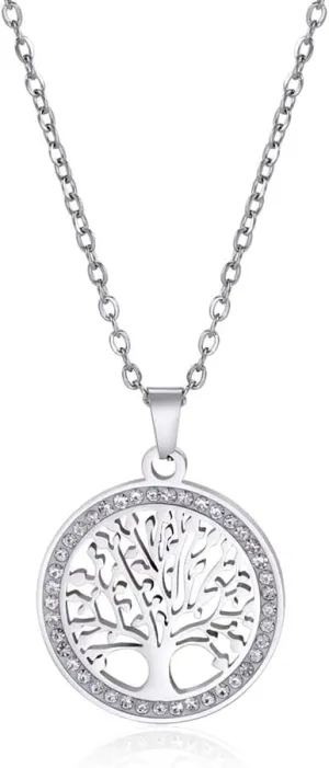 Dreamtimes Tree of Life Necklace for Women Stainless Steel Gold Color Clear Zircon Round Pendant Neck Chains Family Tree Fashion Charm Luxury Jewelry Wedding Gift