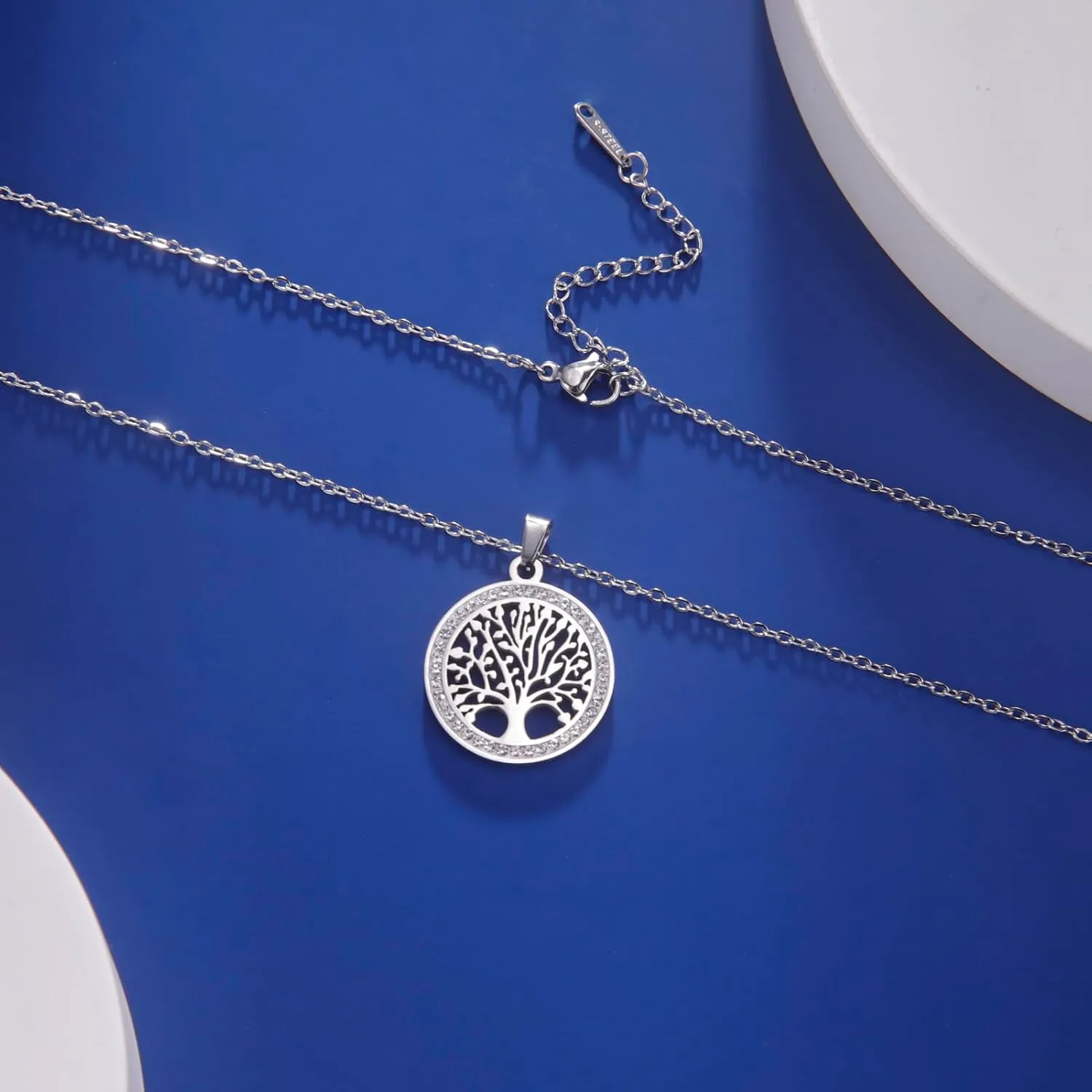 Dreamtimes Tree of Life Necklace for Women Stainless Steel Gold Color Clear Zircon Round Pendant Neck Chains Family Tree Fashion Charm Luxury Jewelry Wedding Gift