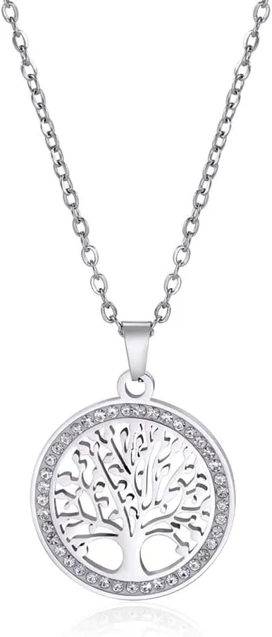Dreamtimes Tree of Life Necklace for Women Stainless Steel Gold Color Clear Zircon Round Pendant Neck Chains Family Tree Fashion Charm Luxury Jewelry Wedding Gift