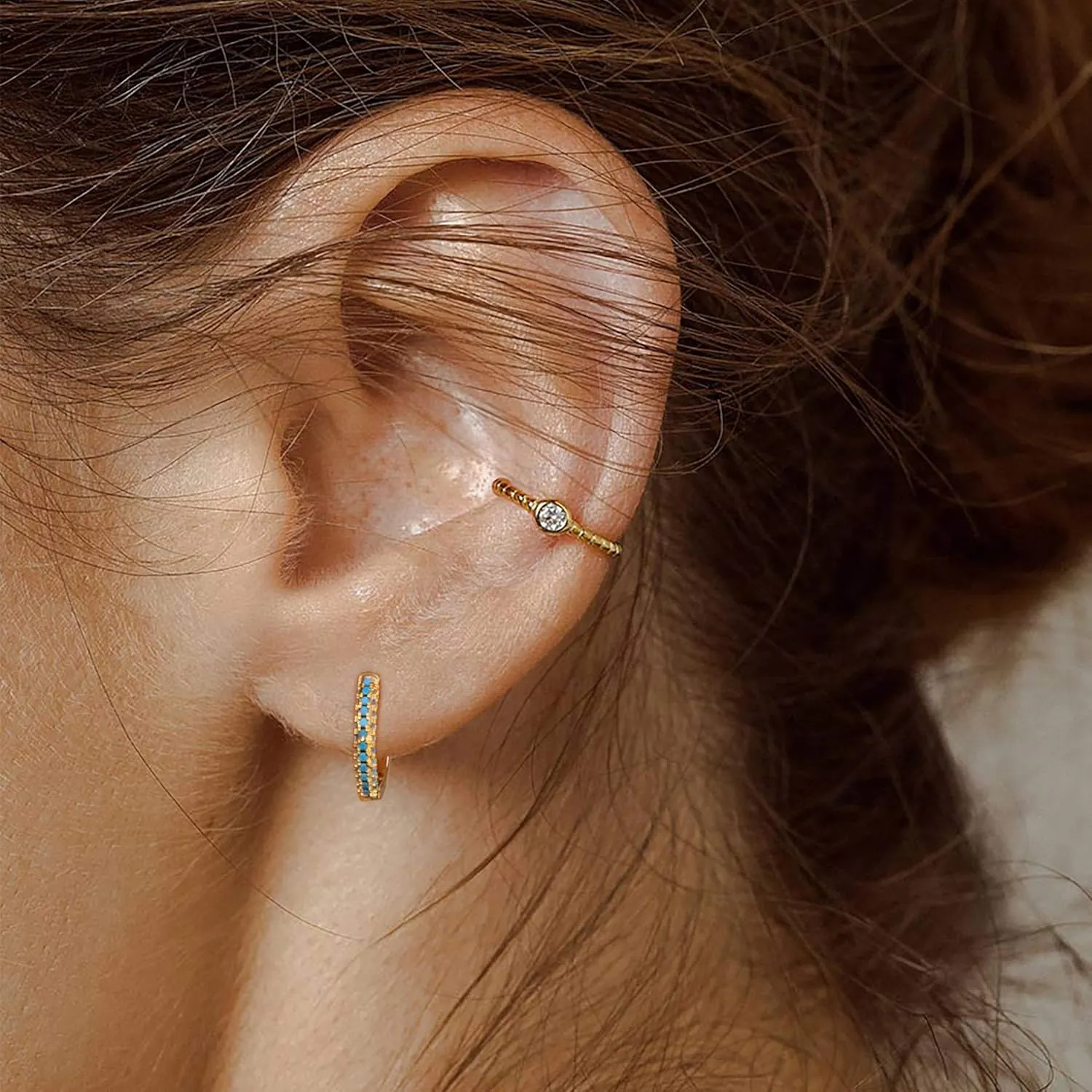 Dremmy Studios Dainty CZ Huggie Hoop Earrings 14K Gold Plated Chunky Simple Cute Thick Round Frill Bead Ball Starburst Cuff Earrings Cubic Zirconia Hoop Earrings Minimalist Personalized Gift for Her
