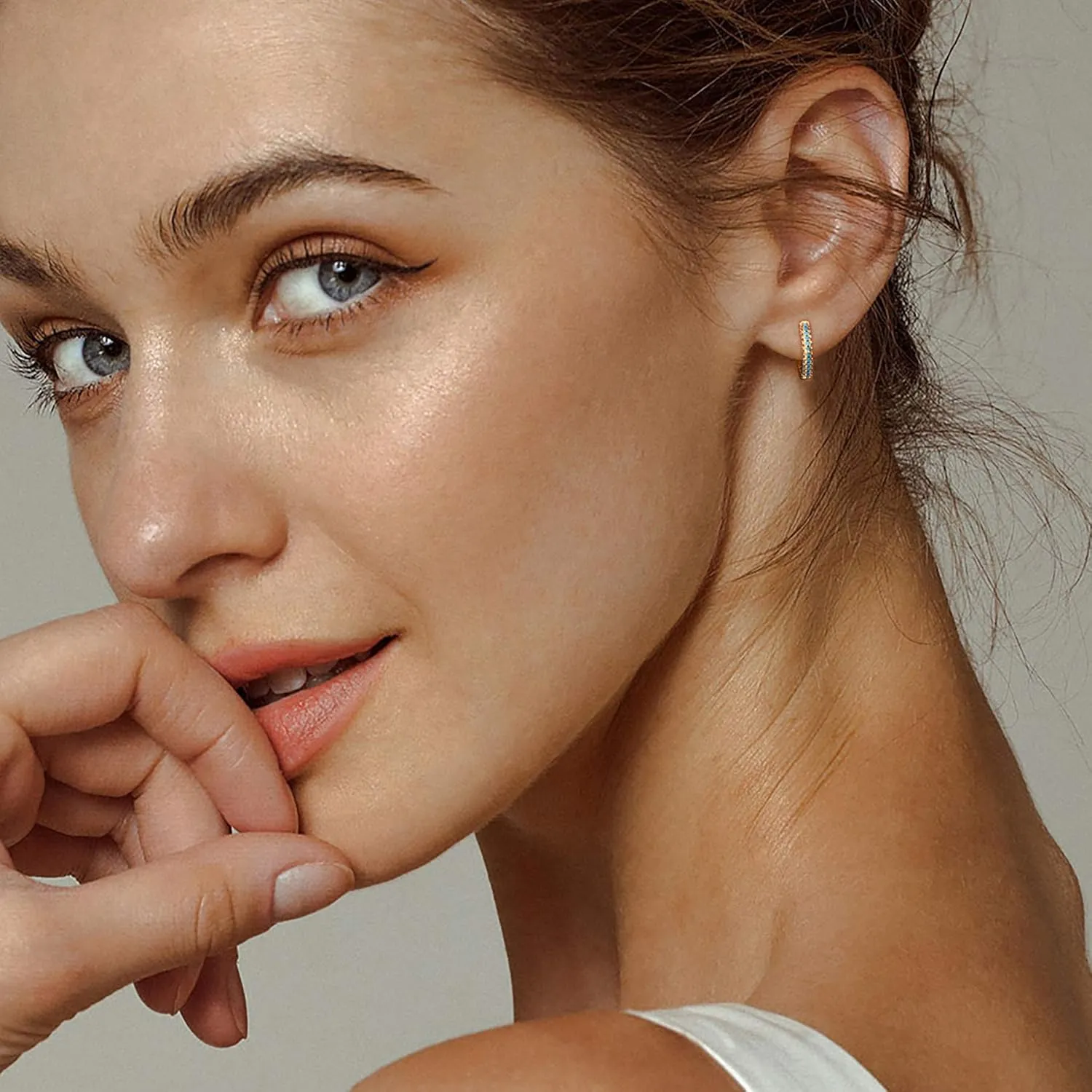 Dremmy Studios Dainty CZ Huggie Hoop Earrings 14K Gold Plated Chunky Simple Cute Thick Round Frill Bead Ball Starburst Cuff Earrings Cubic Zirconia Hoop Earrings Minimalist Personalized Gift for Her