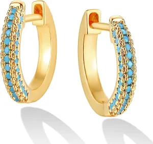 Dremmy Studios Dainty CZ Huggie Hoop Earrings 14K Gold Plated Chunky Simple Cute Thick Round Frill Bead Ball Starburst Cuff Earrings Cubic Zirconia Hoop Earrings Minimalist Personalized Gift for Her